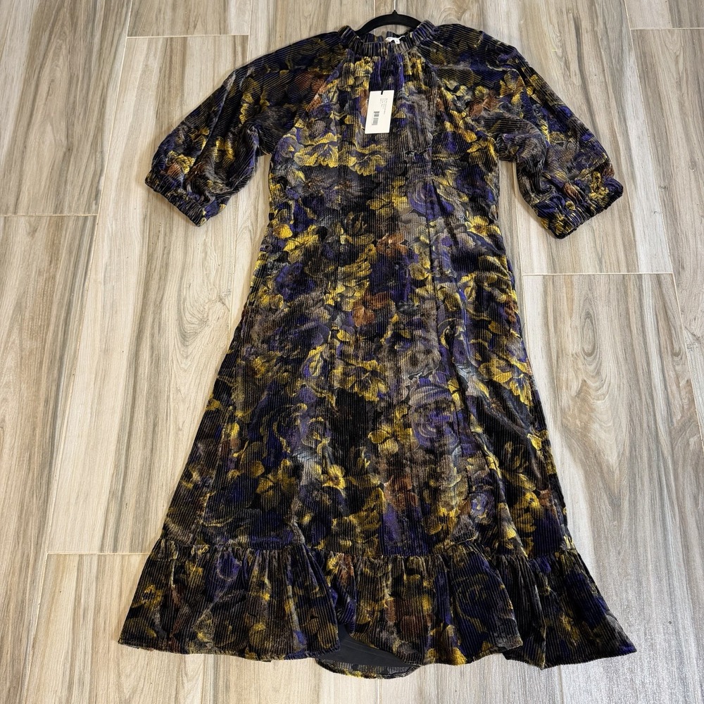 NWT Sea New York Dress Dogwood Dropped Shoulder Velvet Midi 6 Dark Floral Fall - Picture 3 of 13